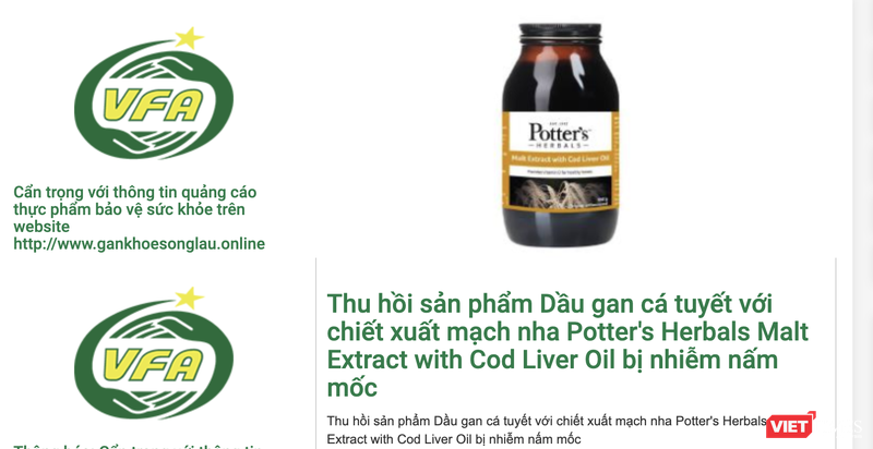 Cục An toàn thực phẩm cảnh báo sản phẩm Dầu gan cá tuyết chiết xuất mạch nha của Anh vừa bị thu hồi vì bị nhiễm nấm mốc (Ảnh: Minh Thuý) 