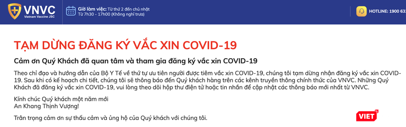 VNVC thông báo tạm dừng đăng ký vaccine COVID-19 (Ảnh - MT) VNVC thông báo tạm dừng đăng ký vaccine COVID-19 (Ảnh - MT)