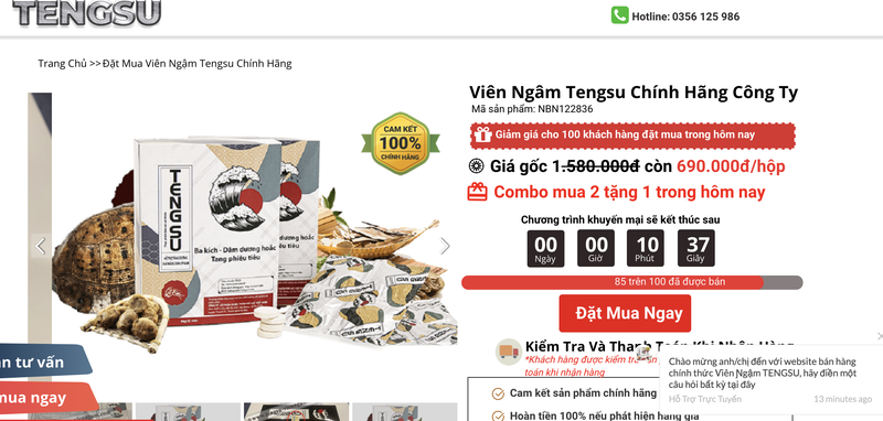 Trang web www.tengsu-vienngam.com quảng cáo viên ngậm Tengsucó giá 690.000 đồng/hộp (Ảnh chụp màn hình) Trang web www.tengsu-vienngam.com quảng cáo viên ngậm Tengsucó giá 690.000 đồng/hộp (Ảnh chụp màn hình)
