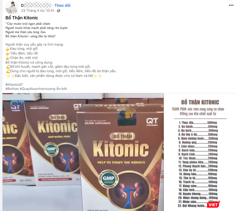 Quảng cáo sản phẩm bổ thận Kitonic trên Facebook có tên DS T.T.H. (Ảnh - VT)