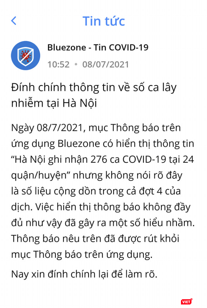 Bluezone đính chính thông tin về số ca lây nhiễm tại Hà Nội (Ảnh - VT) Bluezone đính chính thông tin về số ca lây nhiễm tại Hà Nội (Ảnh - VT)