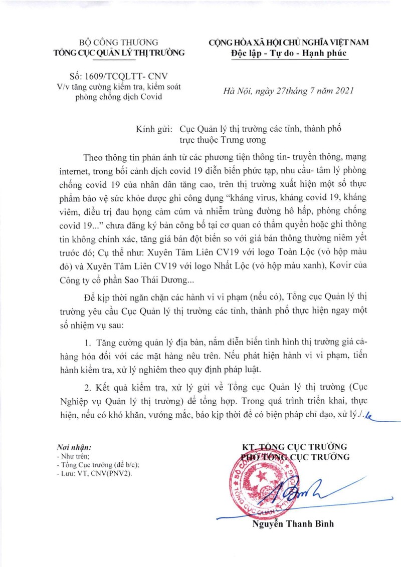 Văn bản của Tổng cục QLTT, Bộ Công Thương khẳng định: "Sản phẩm Xuyên Tâm Liên CV19, Kovir của Công ty Cổ phần Sao Thái Dương chưa đăng ký bản công bố tại cơ quan có thẩm quyền hoặc ghi thông tin không chính xác, tăng giá bán đột biến so với giá bán thông thường niêm yết trước đó" (Ảnh - BCT) Văn bản của Tổng cục QLTT, Bộ Công Thương khẳng định: "Sản phẩm Xuyên Tâm Liên CV19, Kovir của Công ty Cổ phần Sao Thái Dương chưa đăng ký bản công bố tại cơ quan có thẩm quyền hoặc ghi thông tin không chính xác, tăng giá bán đột biến so với giá bán thông thường niêm yết trước đó" (Ảnh - BCT)