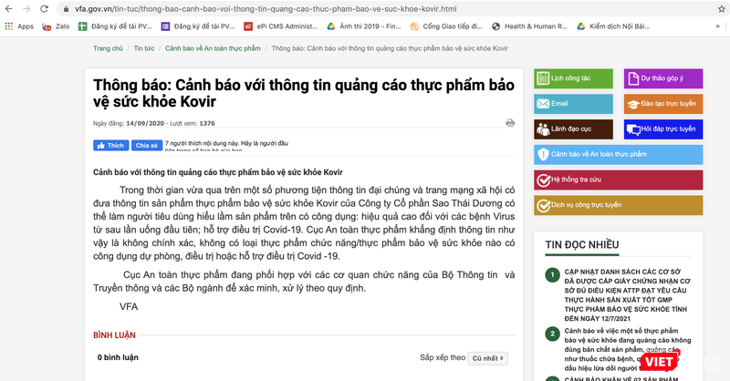 Thông báo cảnh báo của Cục An toàn thực phẩm với thực phẩm thực phẩm bảo vệ sức khỏe Kovir (Ảnh - VT) Thông báo cảnh báo của Cục An toàn thực phẩm với thực phẩm thực phẩm bảo vệ sức khỏe Kovir (Ảnh - VT)