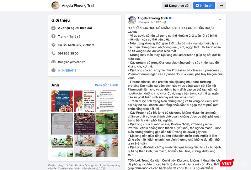 Bài viết quảng cáo địa long trị COVID-19 được đăng tải trên FB của Angela Phương Trinh (Ảnh - MT) Bài viết quảng cáo địa long trị COVID-19 được đăng tải trên FB của Angela Phương Trinh (Ảnh - MT)