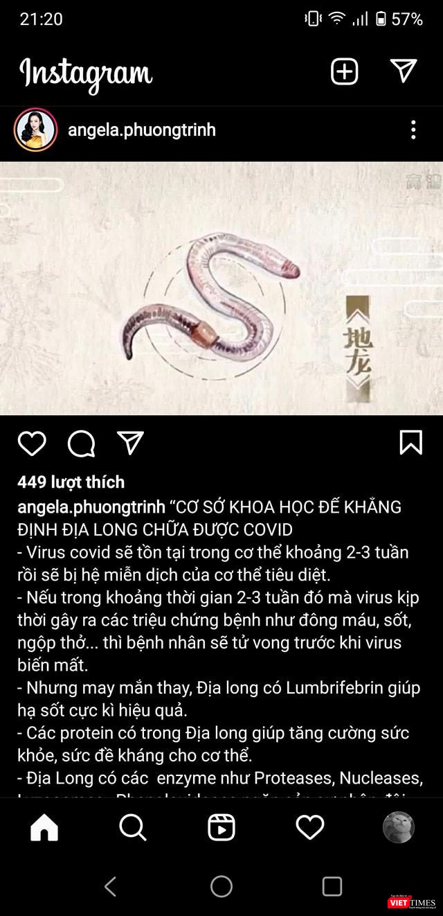 Bài viết quảng cáo sản phẩm địa long chữa được COVID-19 của Angela Phương Trinh (Ảnh - VT) Bài viết quảng cáo sản phẩm địa long chữa được COVID-19 của Angela Phương Trinh (Ảnh - VT)