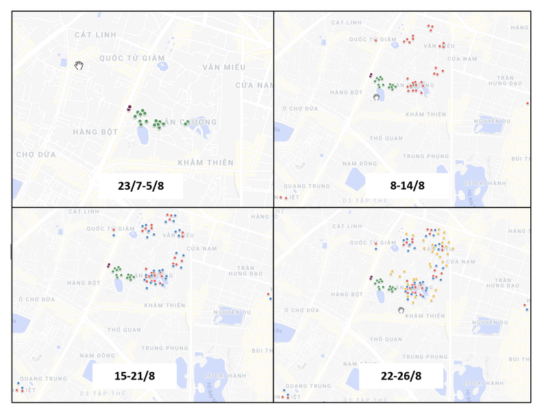 Bản đồ các ca nhiễm virus theo tuần tại ổ dịch Văn Chương - Văn Miếu Bản đồ các ca nhiễm virus theo tuần tại ổ dịch Văn Chương - Văn Miếu