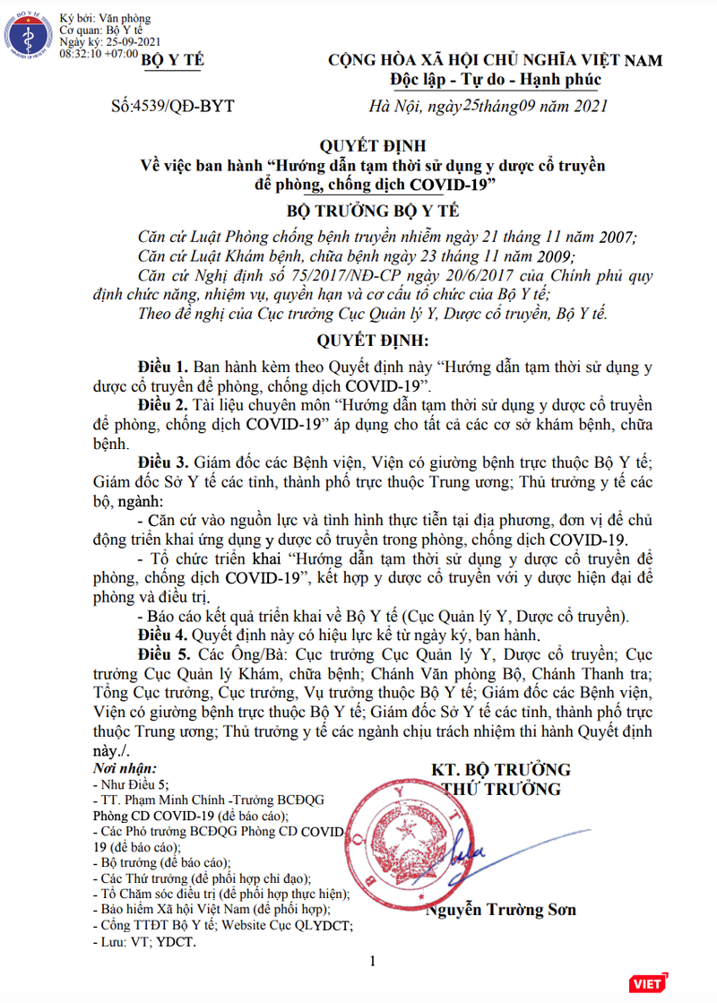 Quyết định ban hành hướng dẫn tạm thời sử dụng y dược cổ truyền để phòng, chống dịch COVID-19 của Bộ Y tế (Ảnh - MT)