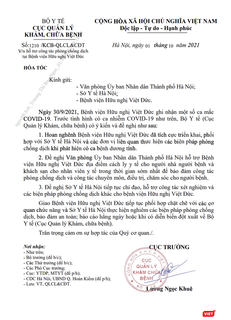 Văn bản của Cục Quản lý Khám, chữa bệnh (Bộ Y tế) về việc hỗ trợ công tác phòng, chống dịch COVID-19 tại Bệnh viện Hữu nghị Việt Đức (Ảnh - MT) Văn bản của Cục Quản lý Khám, chữa bệnh (Bộ Y tế) về việc hỗ trợ công tác phòng, chống dịch COVID-19 tại Bệnh viện Hữu nghị Việt Đức (Ảnh - MT)