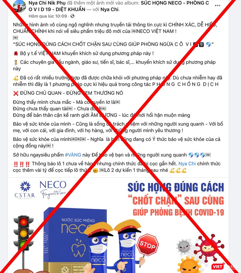 Bài đăng quảng cáo sản phẩm súc họng Neco chặn COVID-19 trên FB N.C.N.P. (Ảnh - VT) Bài đăng quảng cáo sản phẩm súc họng Neco chặn COVID-19 trên FB N.C.N.P. (Ảnh - VT)