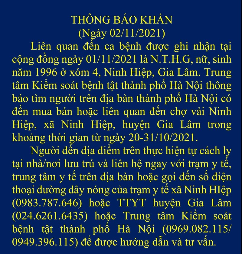 Thông báo khẩn tìm người từng đi, đến chợ Ninh Hiệp của CDC Hà Nội (Ảnh - CDC Hà Nội) Thông báo khẩn tìm người từng đi, đến chợ Ninh Hiệp của CDC Hà Nội (Ảnh - CDC Hà Nội)