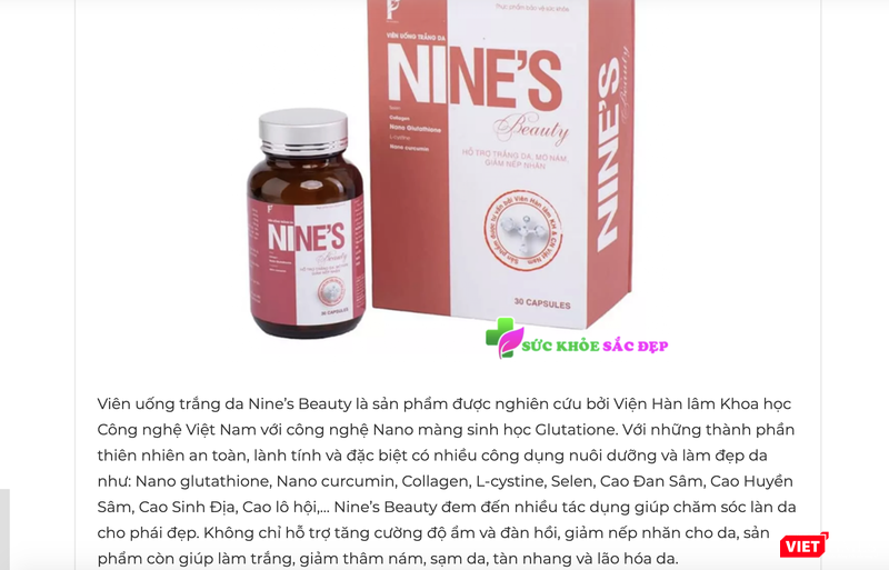 Viên uống trắng da Nine’s Beauty quảng cáo mạo danh Viện Hàn lâm Khoa học và Công nghệ Việt Nam tràn lan trên mạng (Ảnh - VT) Viên uống trắng da Nine’s Beauty quảng cáo mạo danh Viện Hàn lâm Khoa học và Công nghệ Việt Nam tràn lan trên mạng (Ảnh - VT)