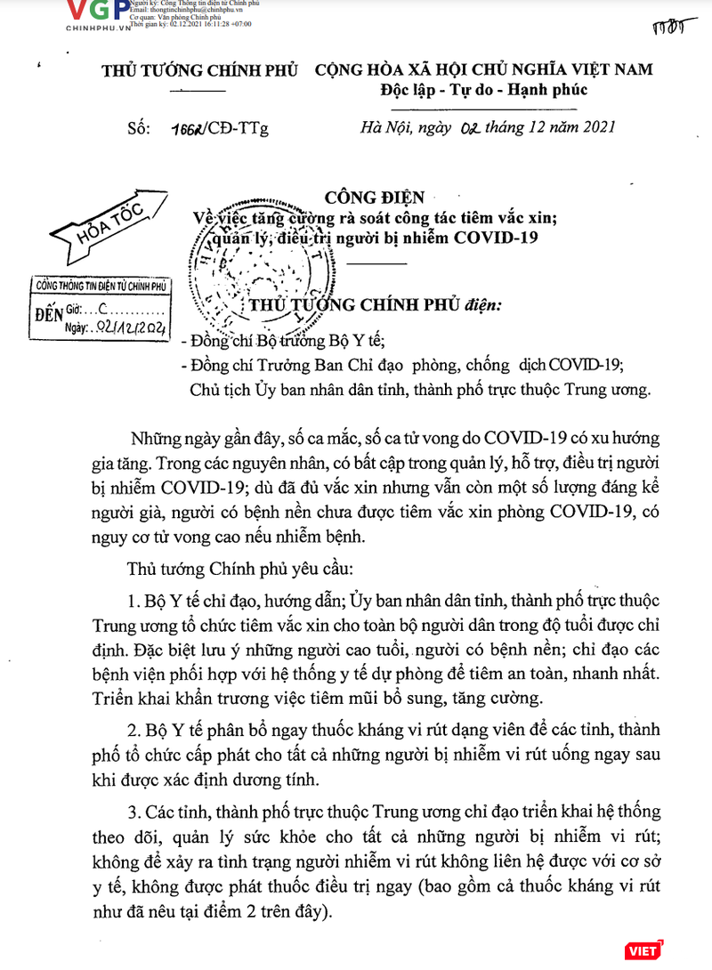 Công điện về việc rà soát công tác tiêm vaccine COVID-19; quản lý, điều trị người mắc COVID-19 của Thủ tướng Chính phủ (Ảnh - MT) Công điện về việc rà soát công tác tiêm vaccine COVID-19; quản lý, điều trị người mắc COVID-19 của Thủ tướng Chính phủ (Ảnh - MT)