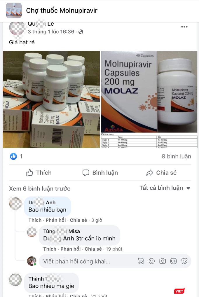 Trang FB có Chợ thuốc Molnupiravir công khai ra giá bán thuốc (Ảnh - MT) Trang FB có Chợ thuốc Molnupiravir công khai ra giá bán thuốc (Ảnh - MT)