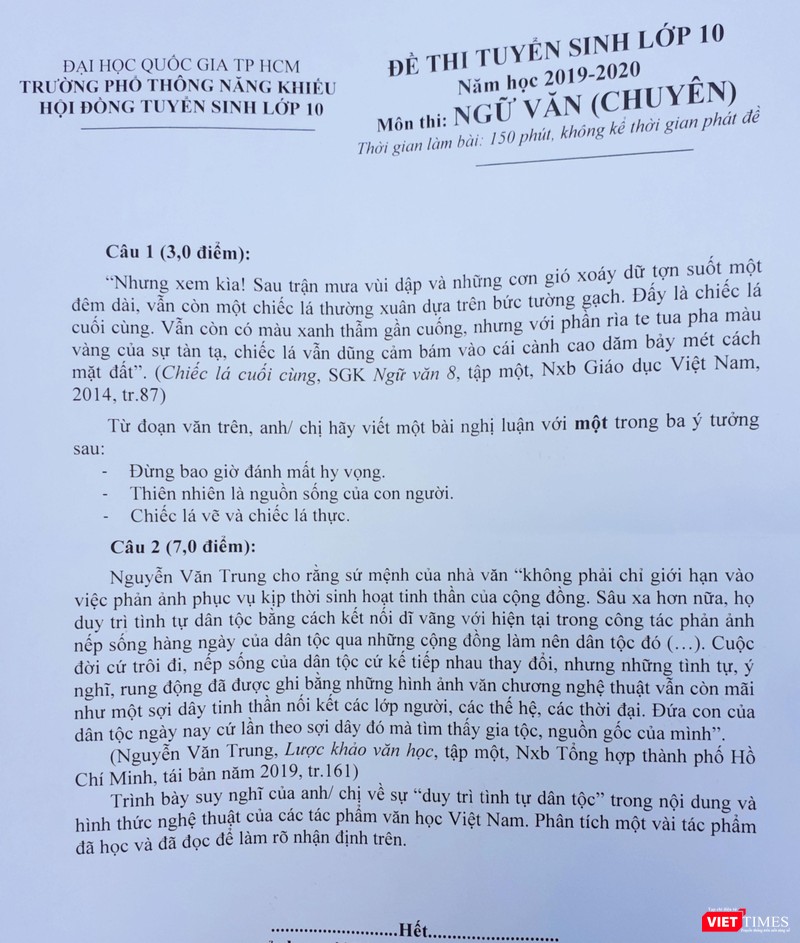 Đề thi môn Ngữ văn vào lớp 10 