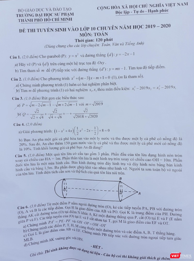 Đề thi môn Toán tuyển sinh vào lớp 10 của Trường Trung học Thực hành, ĐH Sư phạm TP.HCM