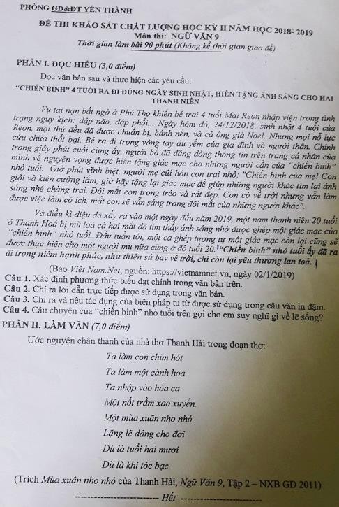 Đề thi khảo sát chất lượng học kỳ I2 của Phòng GD&ĐT huyện Yên Thành Đề thi khảo sát chất lượng học kỳ I2 của Phòng GD&ĐT huyện Yên Thành