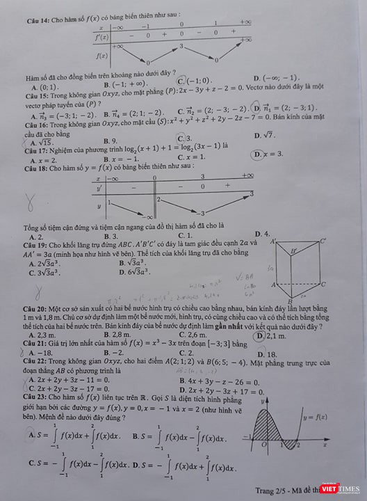 Đề thi môn Toán của kỳ thi THPT quốc gia 2019 Đề thi chính thức môn Toán của kỳ thi THPT quốc gia 2019