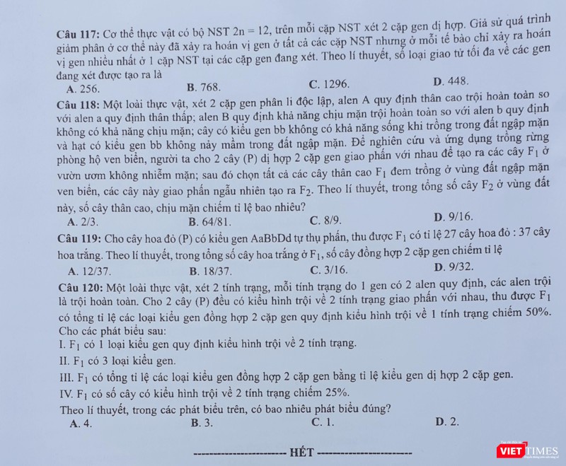 Đề thi chính thức môn Sinh học (mã đề 203) của kỳ thi THPT quốc gia 2019 Đề thi chính thức môn Sinh học của kỳ thi THPT quốc gia 2019