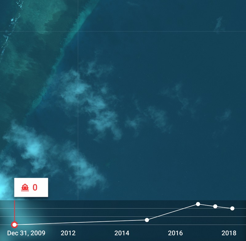 Ảnh ngày 31.12.2009, theo phân tích của SpaceKnow không có tàu quanh khu vực Đá Su Bi thuộc quần đảo Trường Sa.