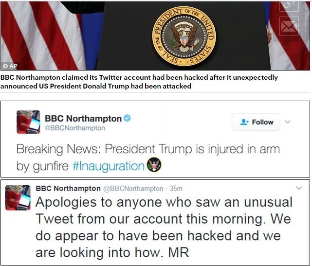 Tài khoản Twitter của BBC bị hack, post nội dung ông Trump bị bắn vào tay và xin lỗi độc giả ngay sau đó.