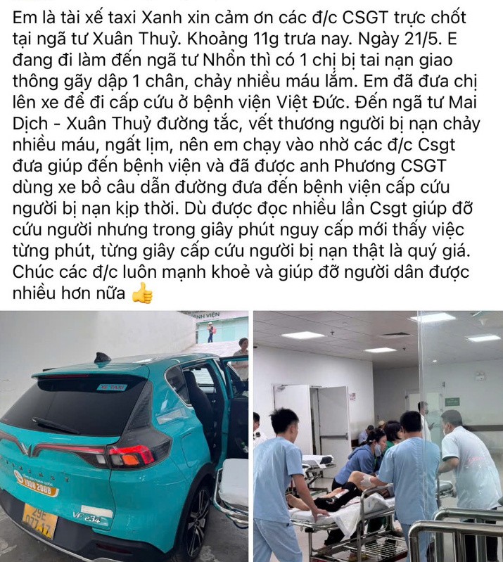 Tài xế Long chia sẻ thông tin sự việc lên mạng cảm ơn 2 cảnh sát đã hỗ trợ mình đưa nạn nhân đi cấp cứu kịp thời. Ảnh chụp màn hình. Anh 2.jpeg