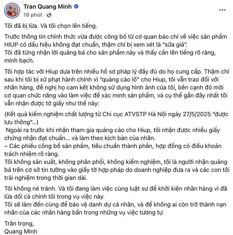 BTV Quang Minh đăng bài trên trang cá nhân, sau thông tin công bố sữa Hiup là hàng giả. Ảnh chụp màn hình. Anh 1.jpg