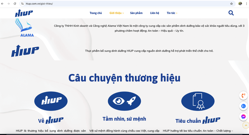 Công ty TNHH Kinh doanh & Công nghệ Alama là đơn vị sở hữu bản quyền và phân phối chính thức sản phẩm dinh dưỡng Hiup. Ảnh chụp màn hình. Ảnh chụp Màn hình 2025-06-19 lúc 20.45.50.png