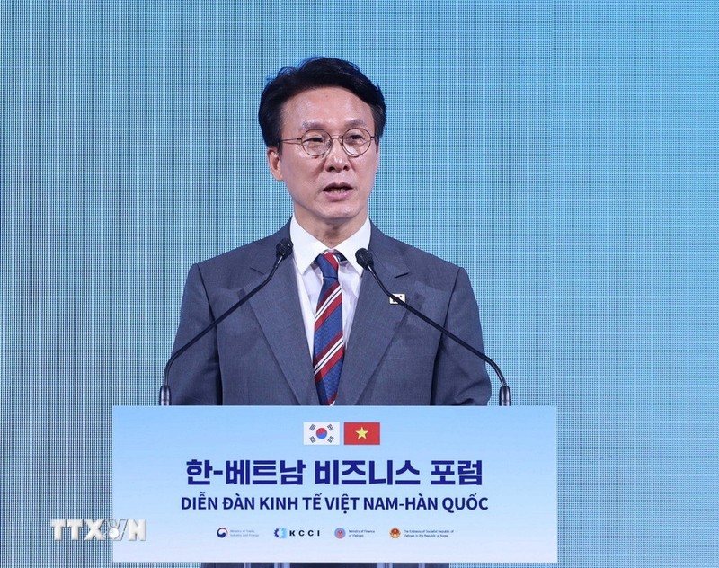 Thủ tướng Hàn Quốc Kim Min Seok phát biểu tại Diễn đàn kinh tế Việt Nam - Hàn Quốc. Ảnh: TTXVN. Anh 1.jpg