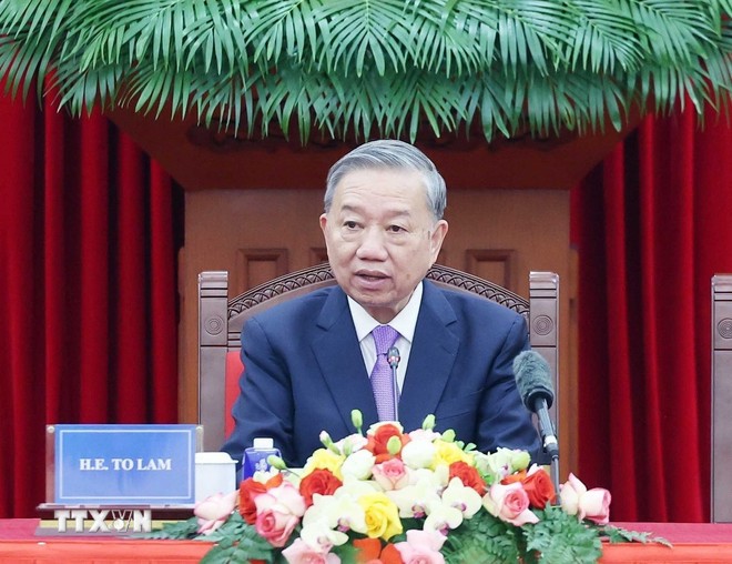 Tổng bí thư Tô Lâm phát biểu tại buổi tiếp Trưởng đoàn các nước tham dự Lễ mở ký Công ước Hà Nội. Ảnh: TTXVN. Anh 1.jpg