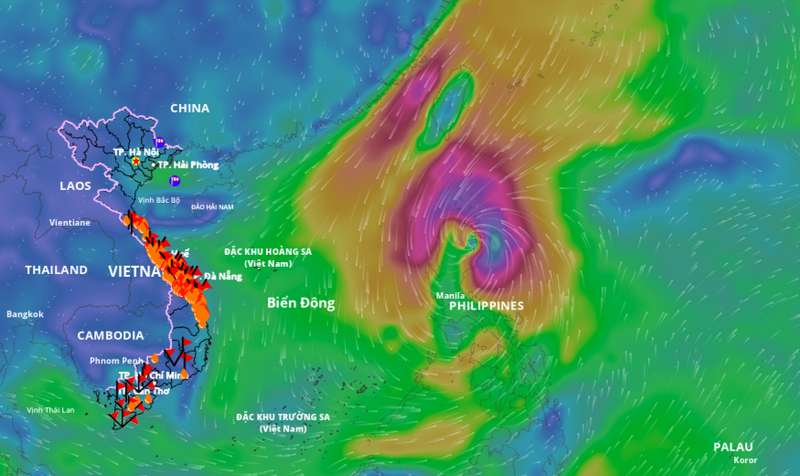 Vị trí bão Kalmaegi. Ảnh: Hệ thống giám sát thiên tai Việt Nam. Ảnh chụp Màn hình 2025-11-02 lúc 19.14.22.png
