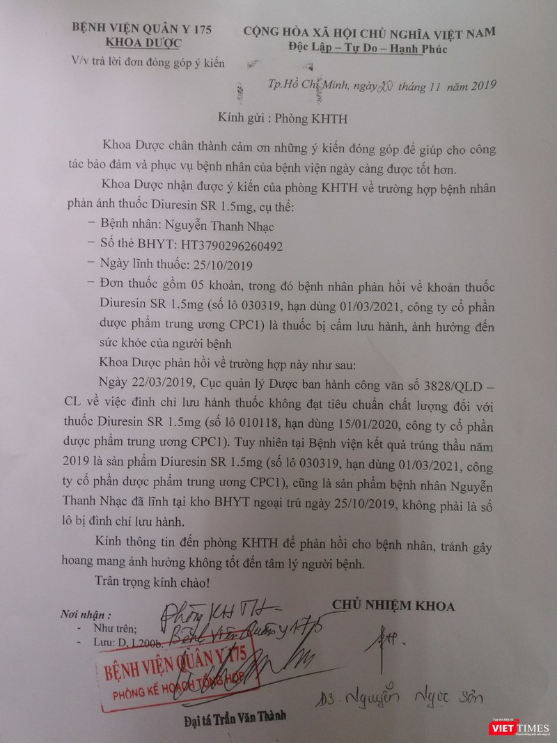 Bệnh viện Quân y 175 trả lời về việc cấp thuốc Diuresin SR 1,5mg cho bệnh nhân Bệnh viện Quân y 175 trả lời về việc cấp thuốc Diuresin SR 1,5mg cho bệnh nhân
