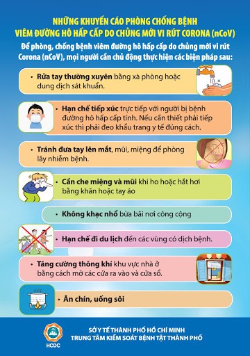 Tờ rơi "Những khuyến cáo phòng chống dịch bệnh viêm đường hô hấp cấp do chủng mới virus Corona (nCoV)". Ảnh: HCDC Tờ rơi "Những khuyến cáo phòng chống dịch bệnh viêm đường hô hấp cấp do chủng mới virus Corona (nCoV)". Ảnh: HCDC