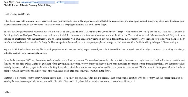 Lá thư của ông Li Ding gởi bác sĩ BV Chợ Rẫy. Ảnh: BV