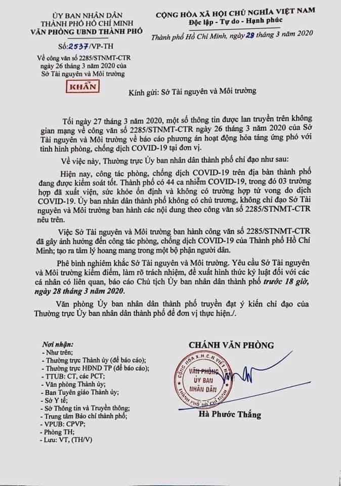 Công văn của Thường trực UBND TP.HCM phê bình Sở Tài nguyên - Môi trường Công văn của Thường trực UBND TP.HCM phê bình Sở Tài nguyên - Môi trường