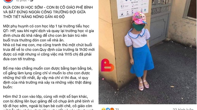 Vụ việc em học sinh lớp 1 phải đứng giữa trưa nắng vì đi học sớm. Ảnh chụp màn hình