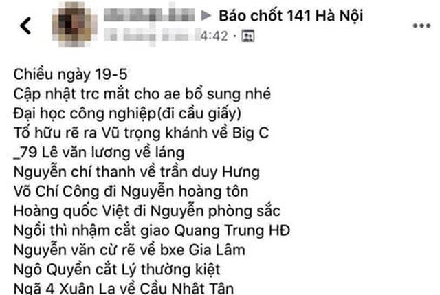 Thông tin về vị trí có mặt lực lượng 141 và CSGT được chỉ cụ thể trên Facebook. Ảnh: Dân Trí Thông tin về vị trí có mặt lực lượng 141 và CSGT được chỉ cụ thể trên Facebook. Ảnh: Dân Trí