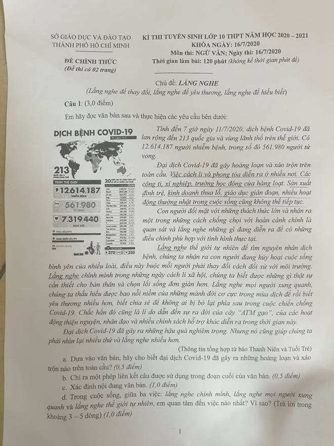 Đề thi môn Văn tuyển sinh vào lớp 10 của TP.HCM sáng 16/7. Trang 1 Đề thi môn Văn tuyển sinh vào lớp 10 của TP.HCM sáng 16/7. Trang 1