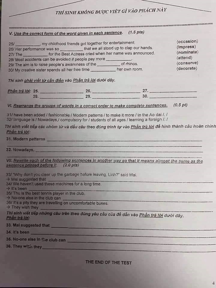 Đề thi tuyển sinh vào lớp 10 môn Anh, TPHCM năm 2020. Trang 4/4 Đề thi tuyển sinh vào lớp 10 môn Anh, TPHCM năm 2020. Trang 4/4