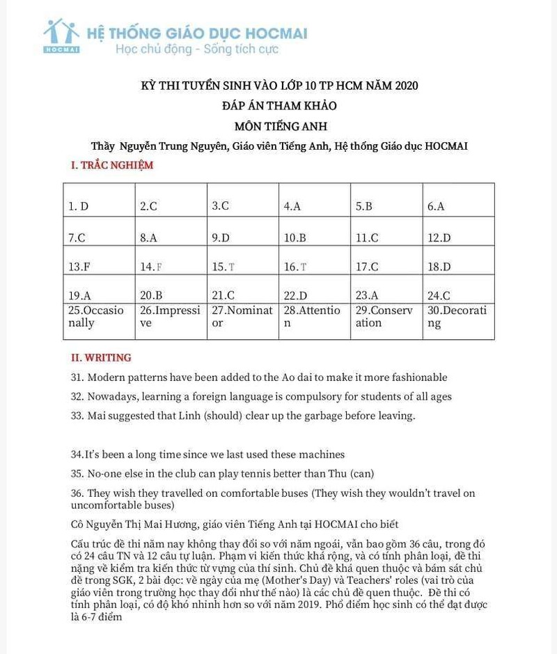 Đáp án tham kháo đề thi tuyển sinh vào lớp 10 môn tiếng Anh, TP.HCM năm 2020 Đáp án tham kháo đề thi tuyển sinh vào lớp 10 môn tiếng Anh, TP.HCM năm 2020