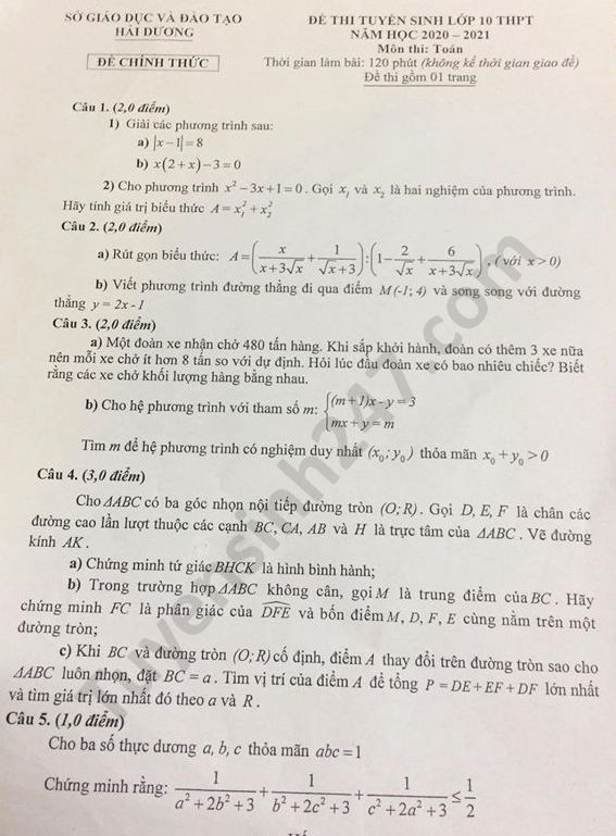 Đề thi tuyển sinh vào lớp 10 môn Toán, tỉnh Hải Dương năm 2020. Ảnh: TTHN Đề thi tuyển sinh vào lớp 10 môn Toán, tỉnh Hải Dương năm 2020. Ảnh: TTHN