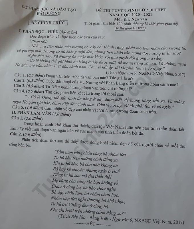 Đề thi tuyển sinh vào lớp 10 môn Văn tỉnh Hải Dương. Ảnh: TTHN Đề thi tuyển sinh vào lớp 10 môn Văn tỉnh Hải Dương. Ảnh: TTHN