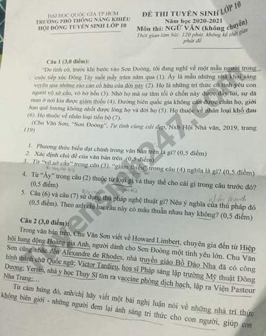 Đề thi vào lớp 10 môn Văn của TP.HCM. Ảnh: TTHN Đề thi vào lớp 10 môn Văn của TP.HCM. Ảnh: TTHN