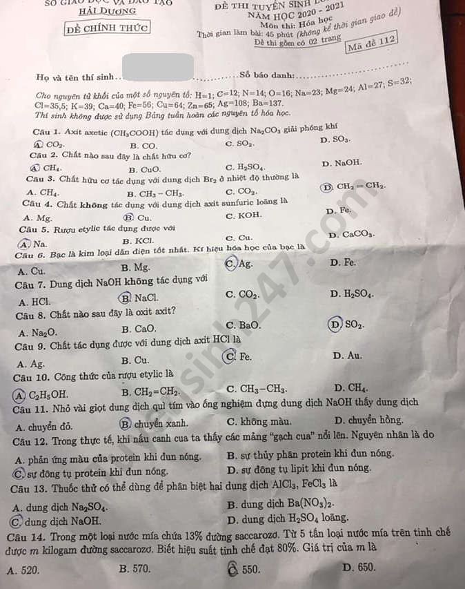 Đề thi tuyển sinh vào lớp 10 môn Hóa tỉnh Hải Dương năm 2020. Trang 1/2 Đề thi tuyển sinh vào lớp 10 môn Hóa tỉnh Hải Dương năm 2020. Trang 1/2