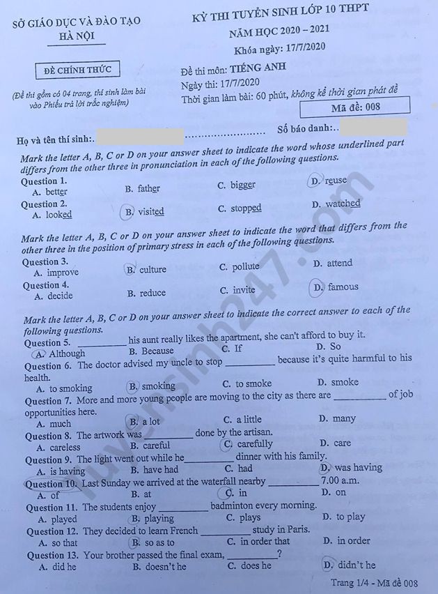 Đề thi tuyển sinh vào lớp 10 môn Tiếng Anh TP Hà Nội năm 2020. Trang 1/4. Nguồn: TTHN Đề thi tuyển sinh vào lớp 10 môn Tiếng Anh TP Hà Nội năm 2020. Trang 1/4. Nguồn: TTHN