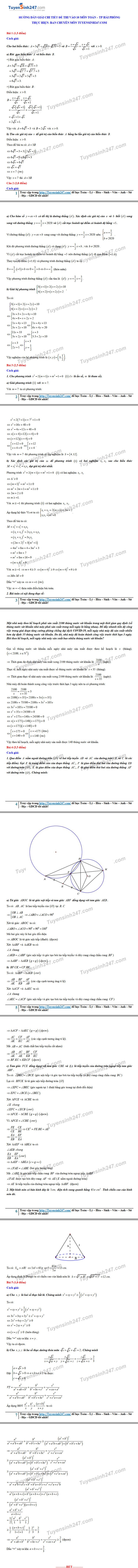 Đáp án tham khảo đề thi tuyển sinh vào lớp 10 môn Toán thành phố Hải Phòng năm 2020. Nguồn: TTHN Đáp án tham khảo đề thi tuyển sinh vào lớp 10 môn Toán thành phố Hải Phòng năm 2020. Nguồn: TTHN