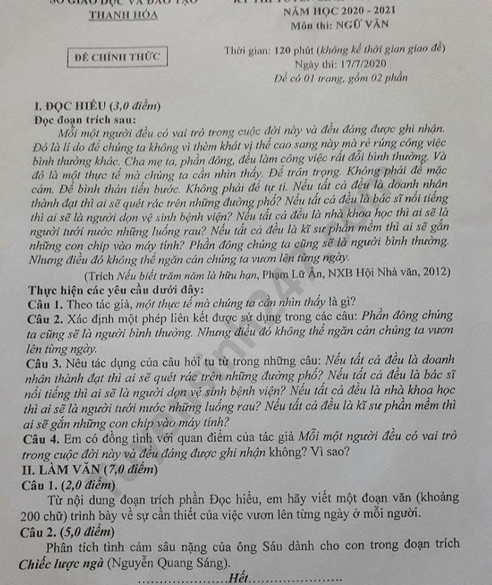 Đề thi tuyển sinh vào lớp 10 môn Ngữ Văn tỉnh Thanh Hóa năm 2020. Ảnh: TTHN Đề thi tuyển sinh vào lớp 10 môn Ngữ Văn tỉnh Thanh Hóa năm 2020. Ảnh: TTHN