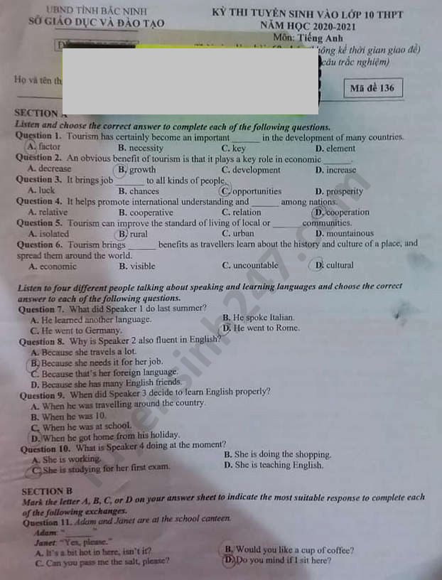 Đề thi tuyển sinh vào lớp 10 môn Tiếng Anh tỉnh Bắc Ninh năm 2020. Trang 1/4. Nguồn: TTHN Đề thi tuyển sinh vào lớp 10 môn Tiếng Anh tỉnh Bắc Ninh năm 2020. Trang 1/4. Nguồn: TTHN