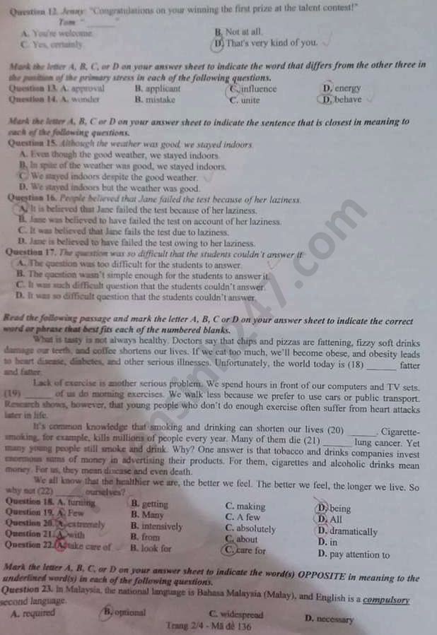 Đề thi tuyển sinh vào lớp 10 môn Tiếng Anh tỉnh Bắc Ninh năm 2020. Trang 2/4. Nguồn: TTHN Đề thi tuyển sinh vào lớp 10 môn Tiếng Anh tỉnh Bắc Ninh năm 2020. Trang 2/4. Nguồn: TTHN
