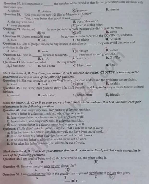 Đề thi tuyển sinh vào lớp 10 môn Tiếng Anh tỉnh Bắc Ninh năm 2020. Trang 4/4. Nguồn: TTHN Đề thi tuyển sinh vào lớp 10 môn Tiếng Anh tỉnh Bắc Ninh năm 2020. Trang 4/4. Nguồn: TTHN