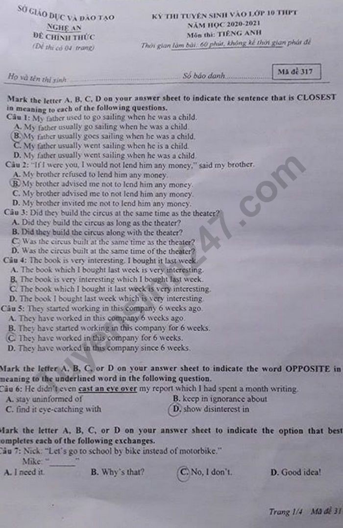 Đề thi tuyển sinh vào lớp 10 môn Tiếng Anh tỉnh Nghệ An năm 2020. Trang 1/4. Nguồn: TTHN Đề thi tuyển sinh vào lớp 10 môn Tiếng Anh tỉnh Nghệ An năm 2020. Trang 1/4. Nguồn: TTHN